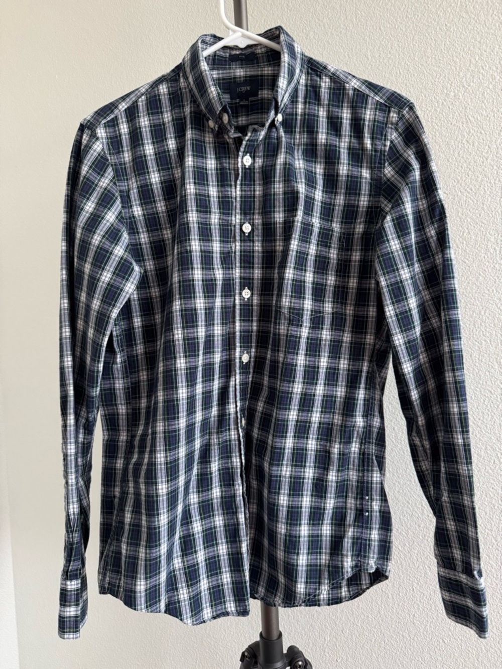 J. Crew Navy, Green and White Plaid Button-Down Shirt